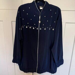Silver Threads Navy Blue Jacket Size XL Vintage 90s Silver Stars Zip Retro